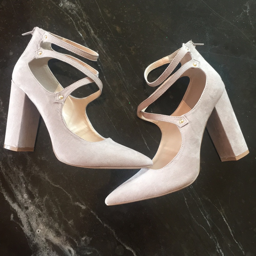 Strappy tan suede block heels